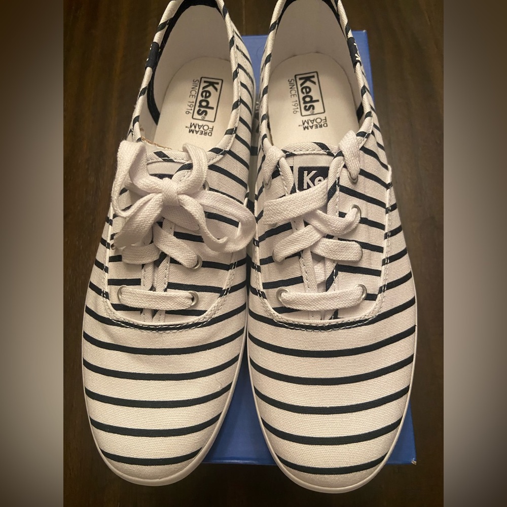 Keds Women’s 8.5 Champion Breton White and Navy Blue Stripe Canvas Shoes